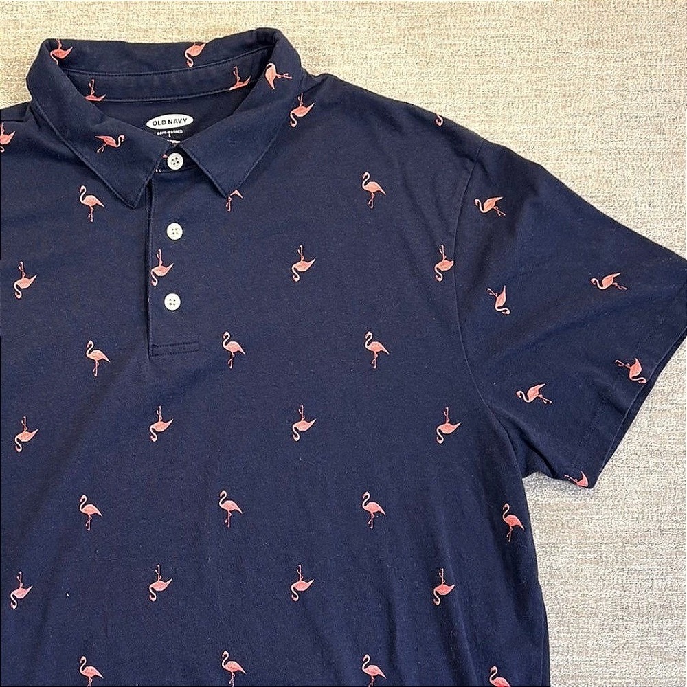 FLAMINGO AOP Old Navy Soft-Washed Jersey Polo Shirt Navy Blue Mens LG Beach Vaca